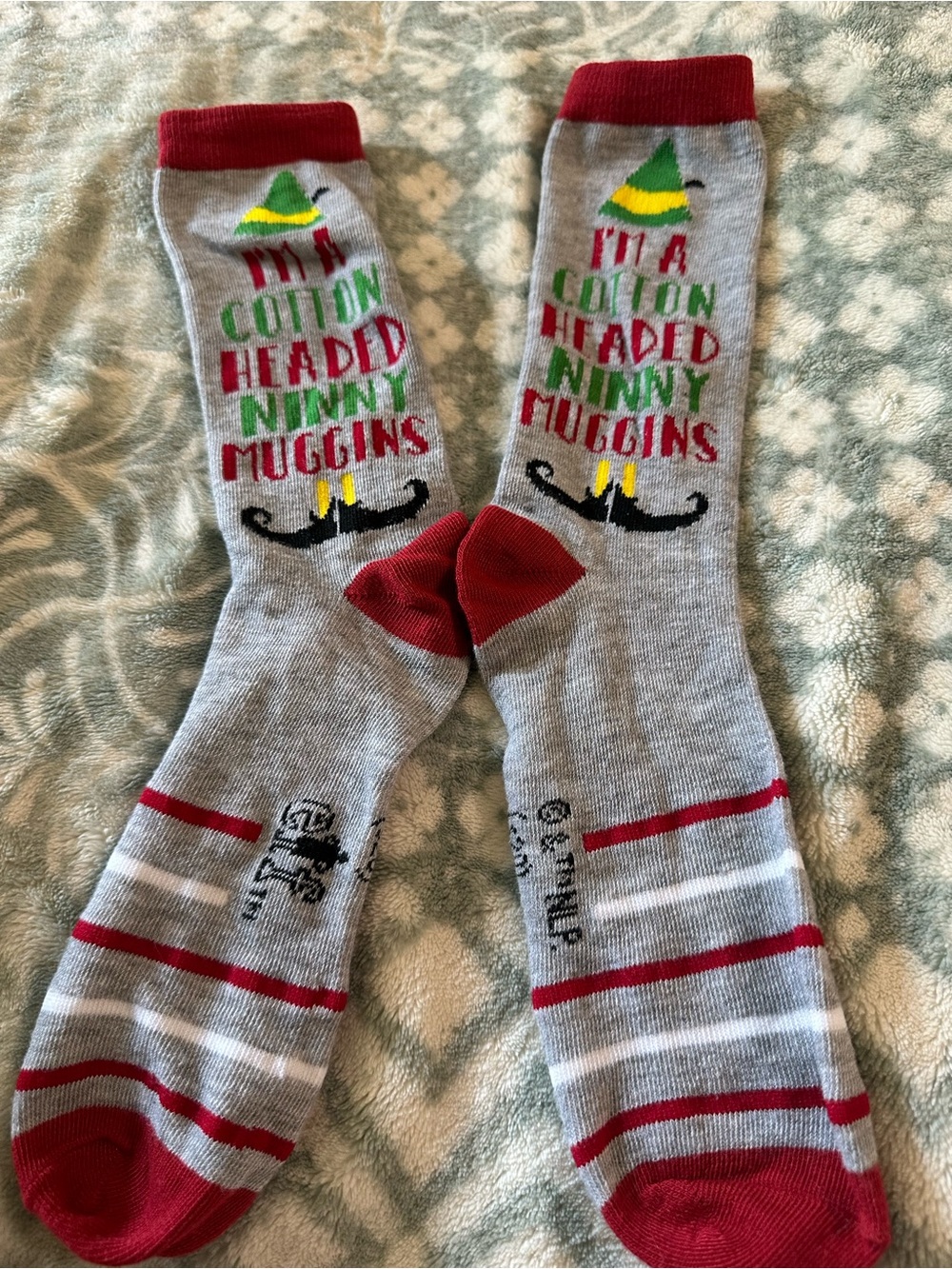 Novelty Grey & Red Cotton-Blend Crew Socks - Holiday Elf Design